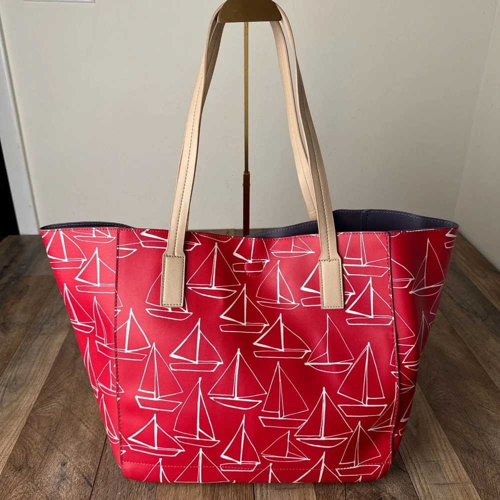 Tabitha Webb Nautical Tote Shoulder Bag‎ Red Sailboat Womens